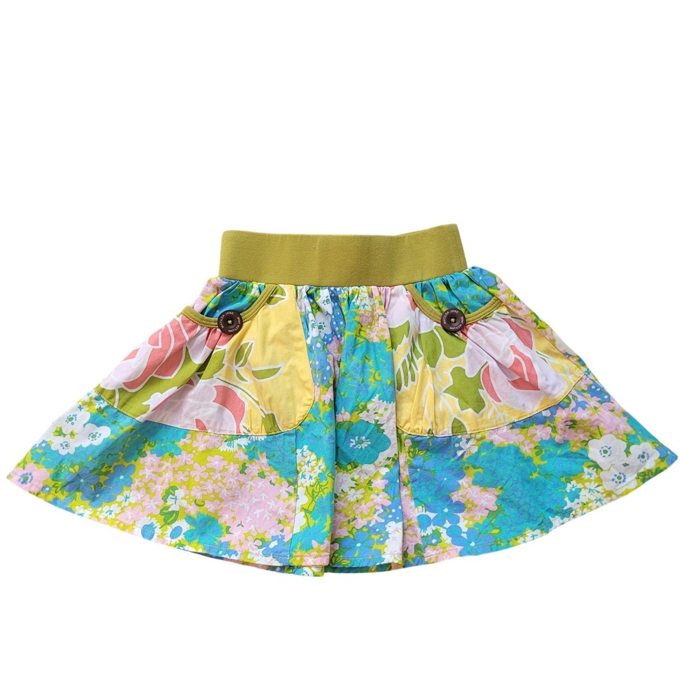 Matilda Jane Size 4 Skirt Kids Floral Patchwork Pockets Elastic Waist Blue Green